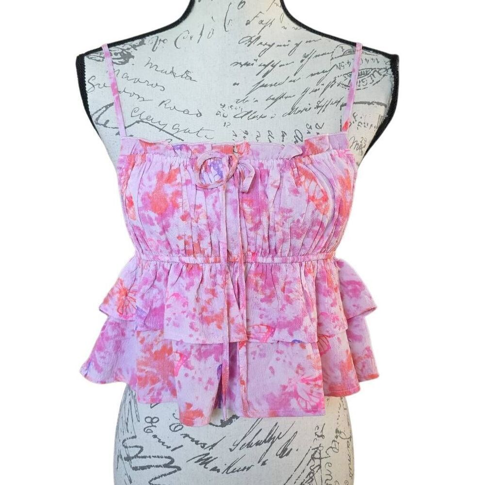 Wild Fable Women's Size Small Pink Butterfly Print Tiered Cropped Tank Top